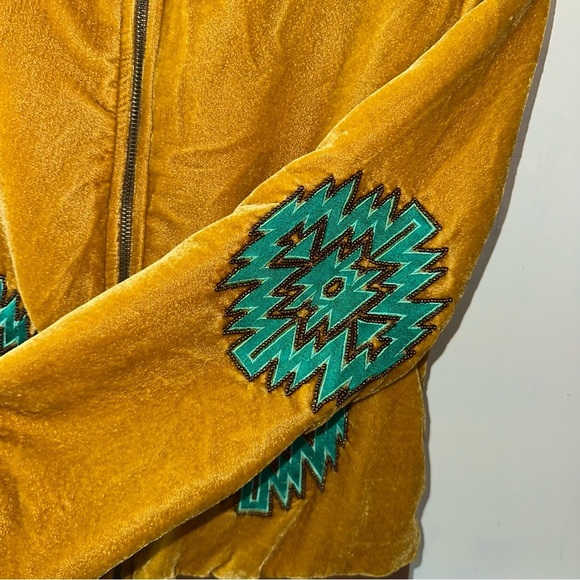 Crazy Train Mustard Velvet Like Bomber Jacket with Bucking Horse & Teal Accents - Picture 7 of 11